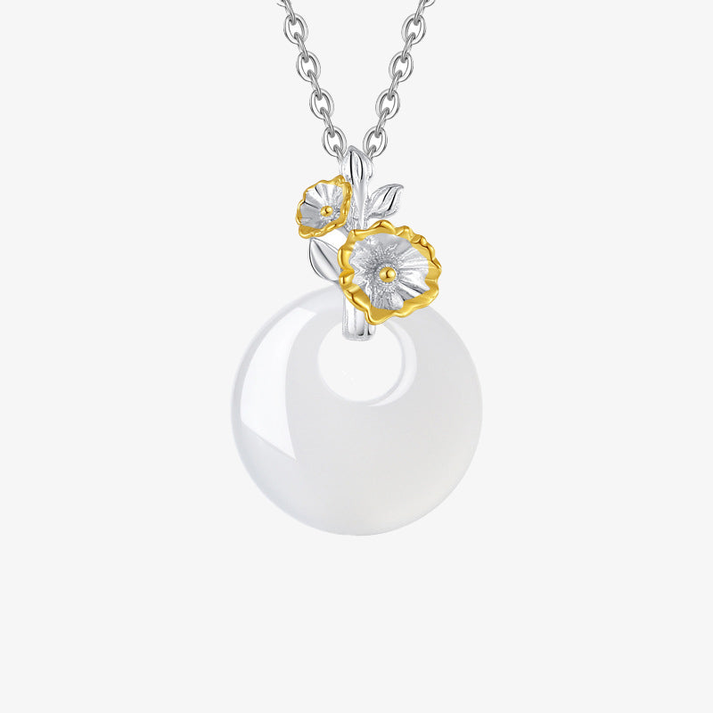 Collana con Buddha Stones in argento sterling 925, ciondolo rotondo in calcedonio con fiori di dodici mesi, armonia