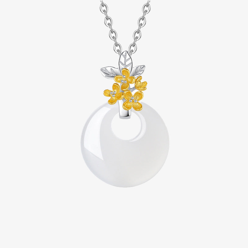 Collana con Buddha Stones in argento sterling 925, ciondolo rotondo in calcedonio con fiori di dodici mesi, armonia