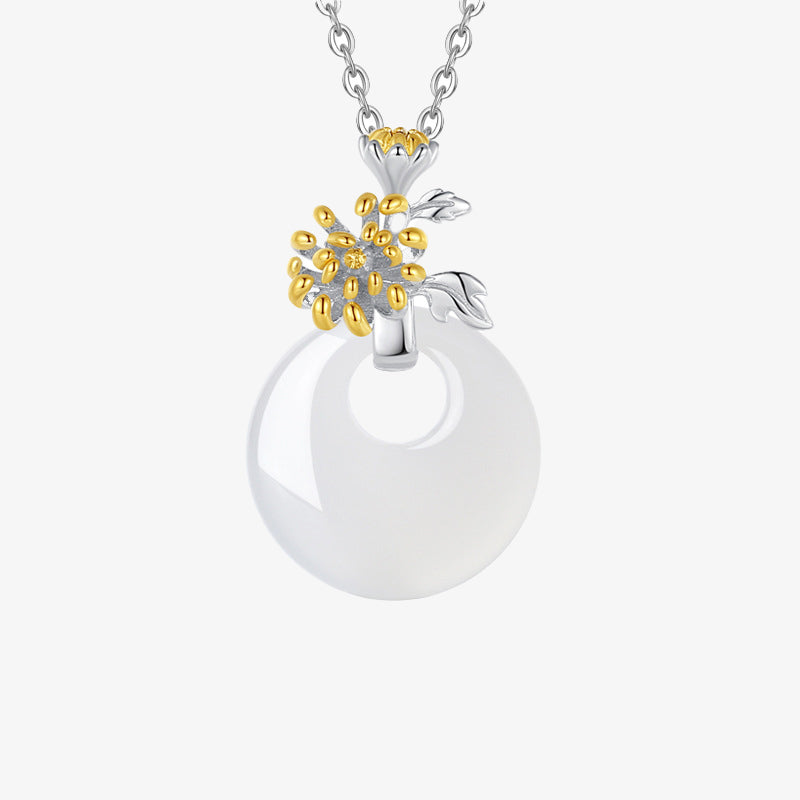 Collana con Buddha Stones in argento sterling 925, ciondolo rotondo in calcedonio con fiori di dodici mesi, armonia