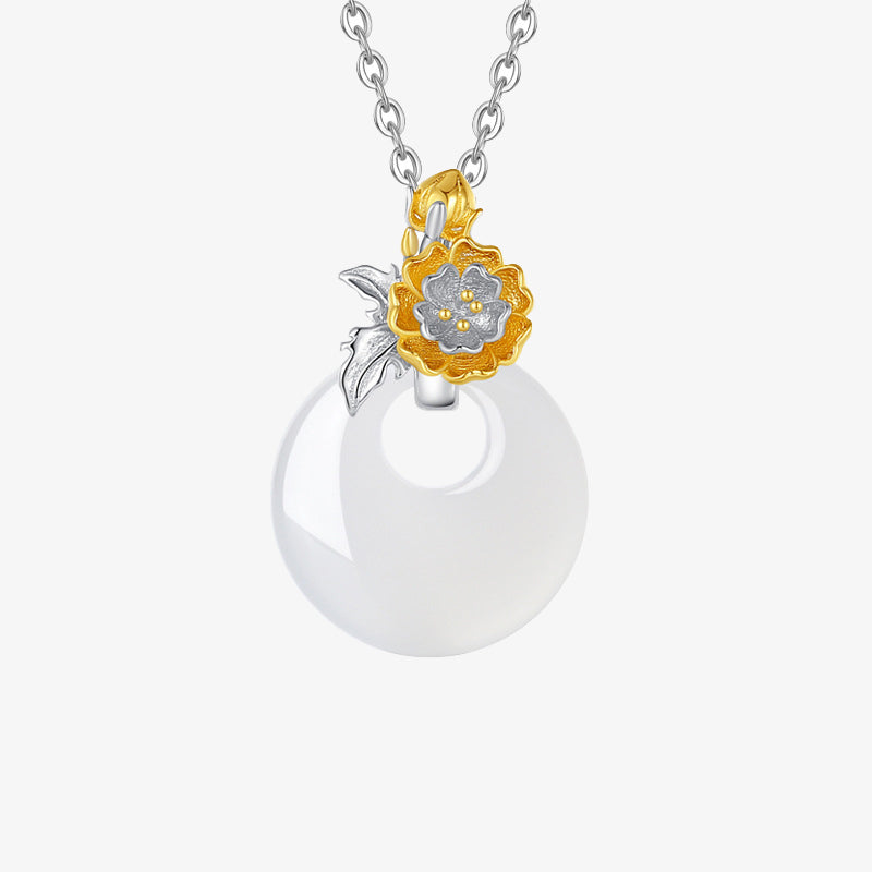 Collana con Buddha Stones in argento sterling 925, ciondolo rotondo in calcedonio con fiori di dodici mesi, armonia