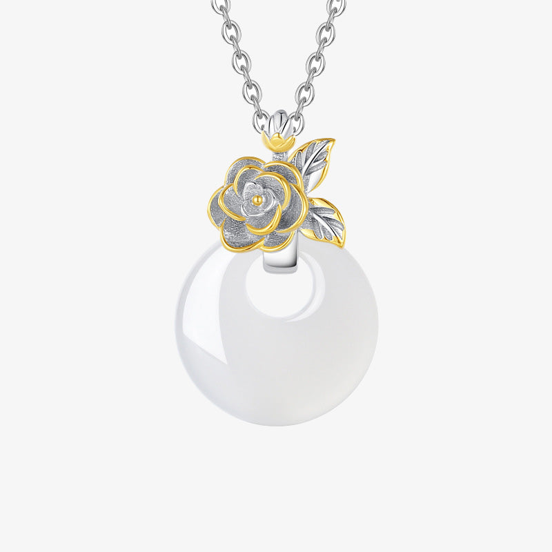 Collana con Buddha Stones in argento sterling 925, ciondolo rotondo in calcedonio con fiori di dodici mesi, armonia