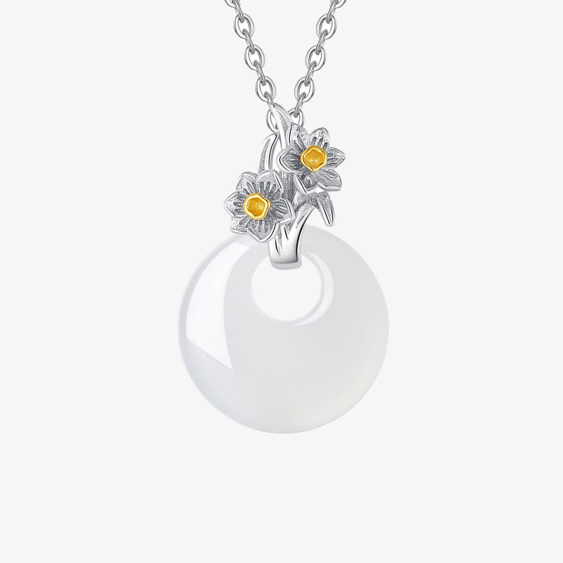Collana con Buddha Stones in argento sterling 925, ciondolo rotondo in calcedonio con fiori di dodici mesi, armonia