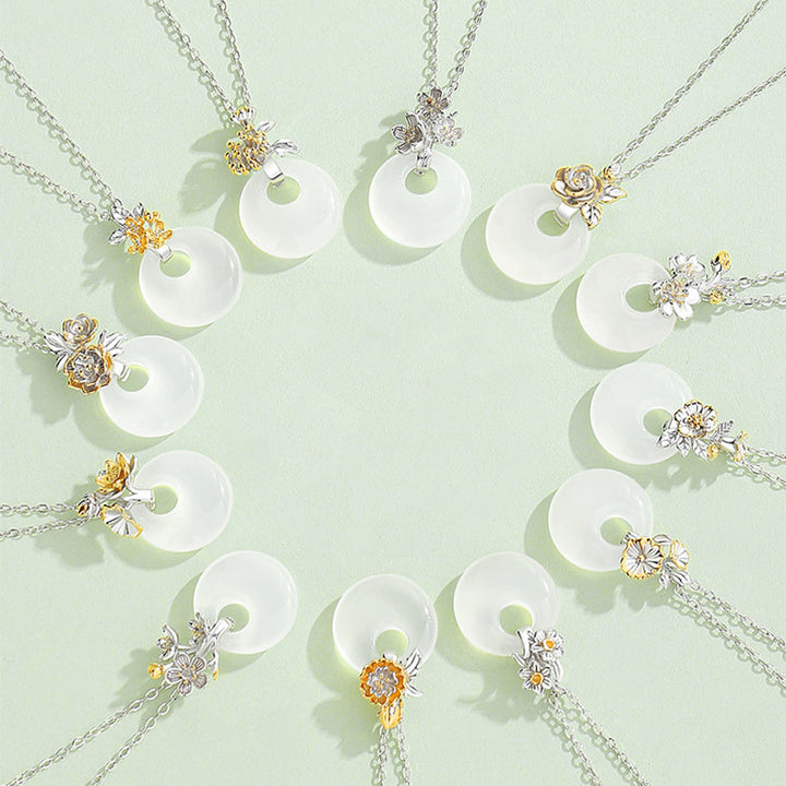 Collana con Buddha Stones in argento sterling 925, ciondolo rotondo in calcedonio con fiori di dodici mesi, armonia