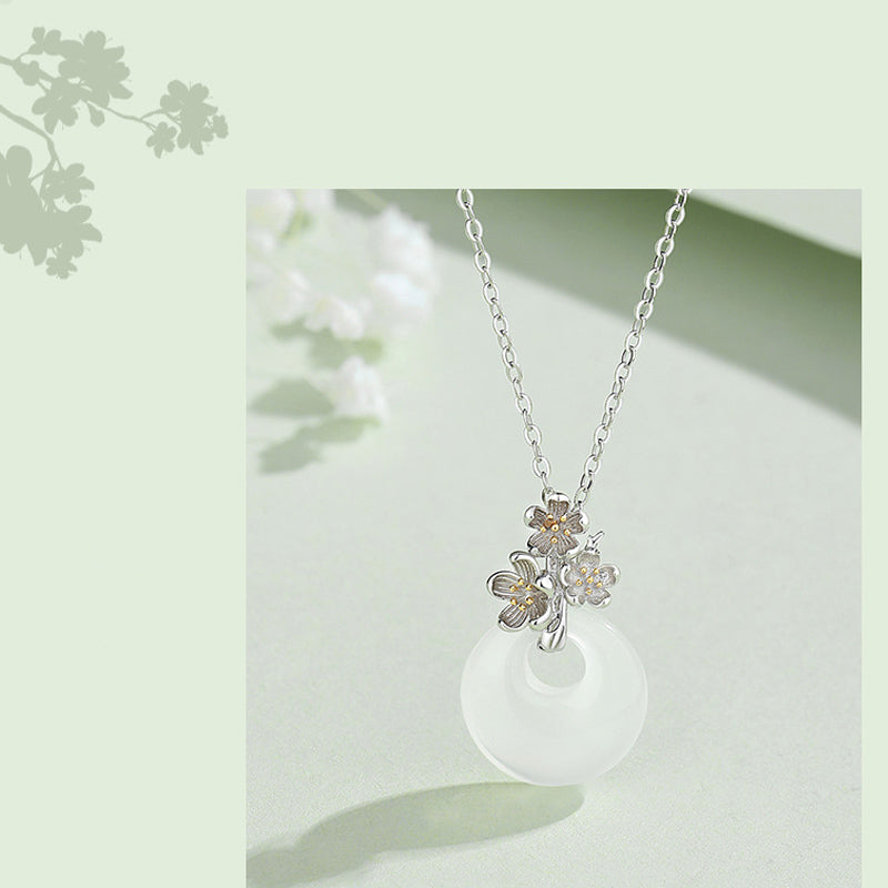 Collana con Buddha Stones in argento sterling 925, ciondolo rotondo in calcedonio con fiori di dodici mesi, armonia