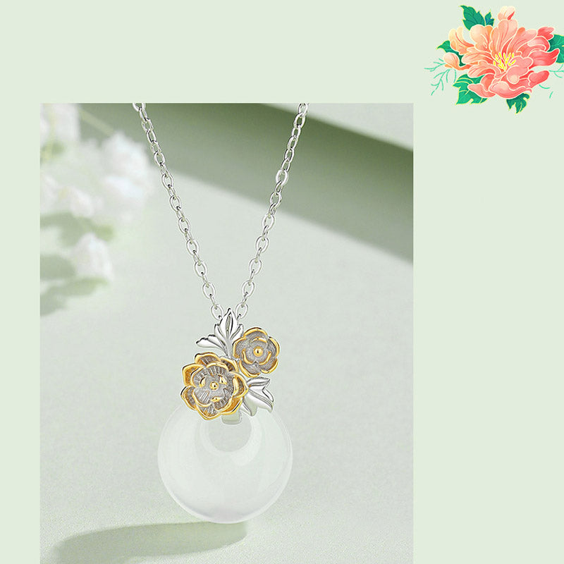 Collana con Buddha Stones in argento sterling 925, ciondolo rotondo in calcedonio con fiori di dodici mesi, armonia