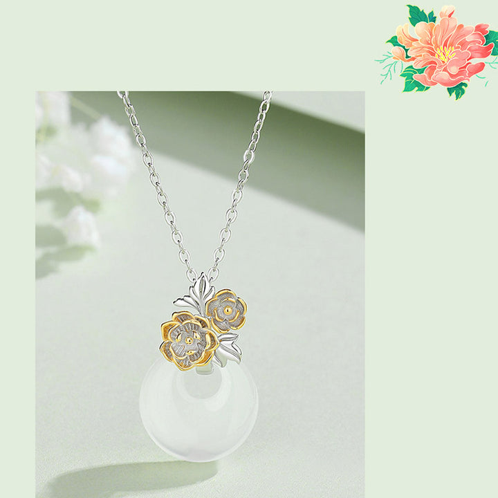Collana con Buddha Stones in argento sterling 925, ciondolo rotondo in calcedonio con fiori di dodici mesi, armonia