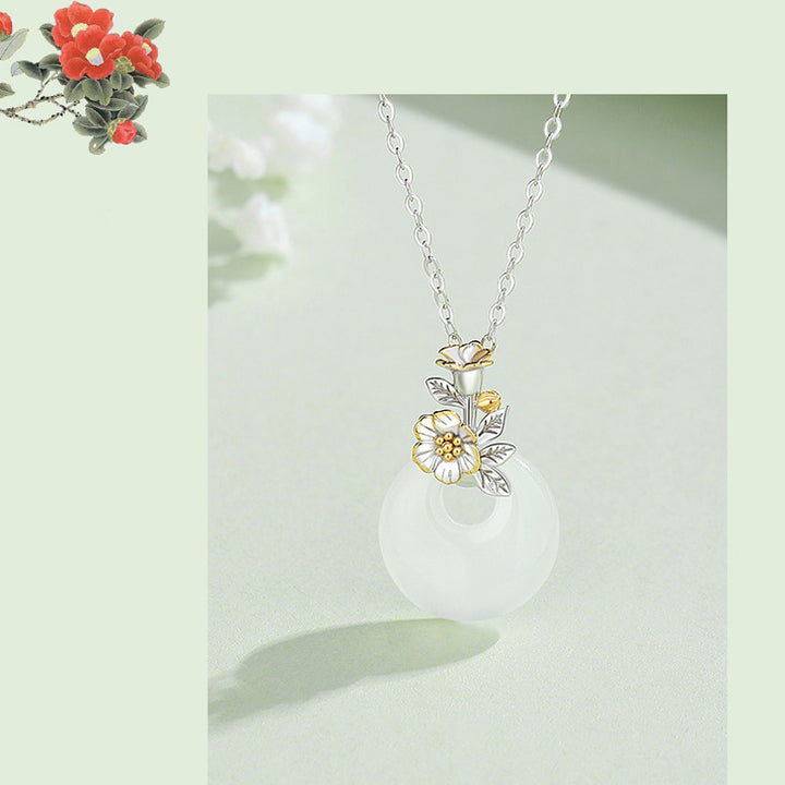 Collana con Buddha Stones in argento sterling 925, ciondolo rotondo in calcedonio con fiori di dodici mesi, armonia