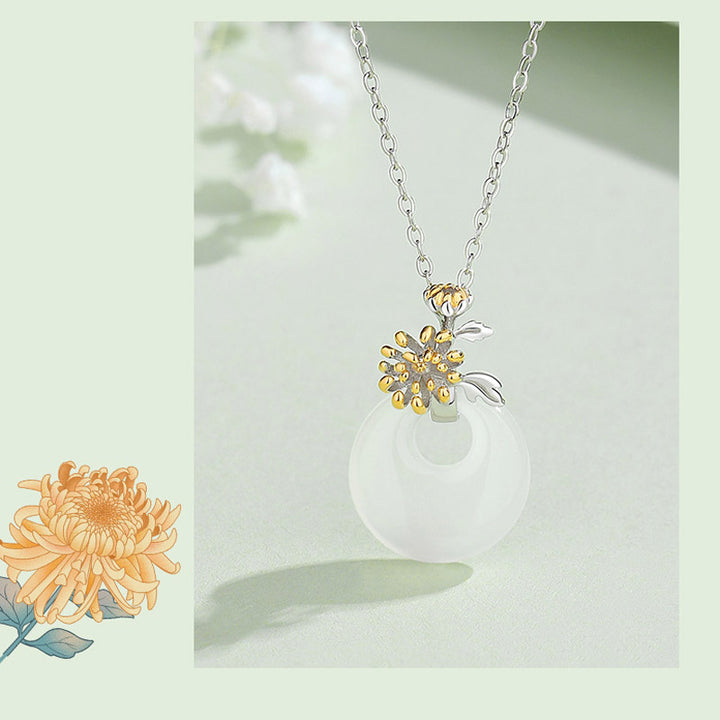 Collana con Buddha Stones in argento sterling 925, ciondolo rotondo in calcedonio con fiori di dodici mesi, armonia