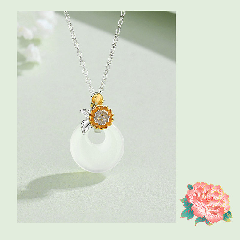 Collana con Buddha Stones in argento sterling 925, ciondolo rotondo in calcedonio con fiori di dodici mesi, armonia