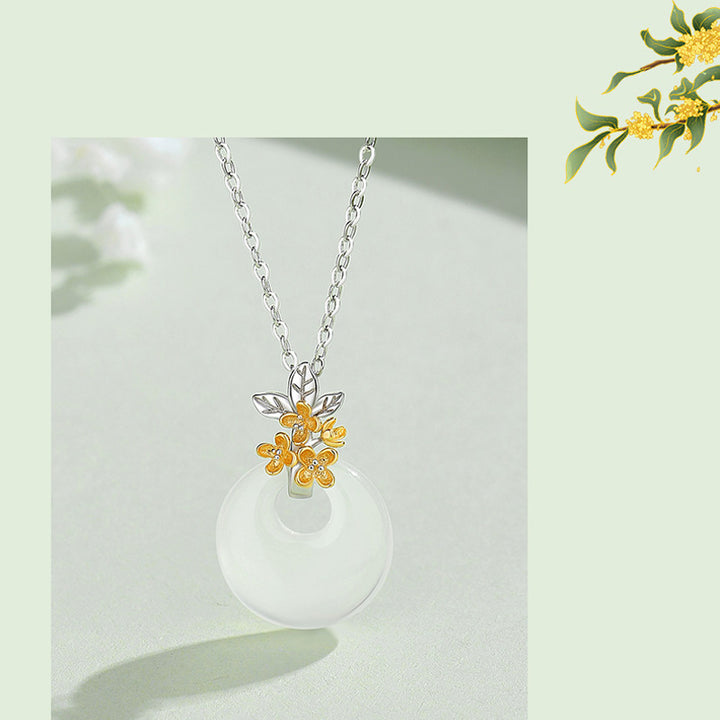 Collana con Buddha Stones in argento sterling 925, ciondolo rotondo in calcedonio con fiori di dodici mesi, armonia