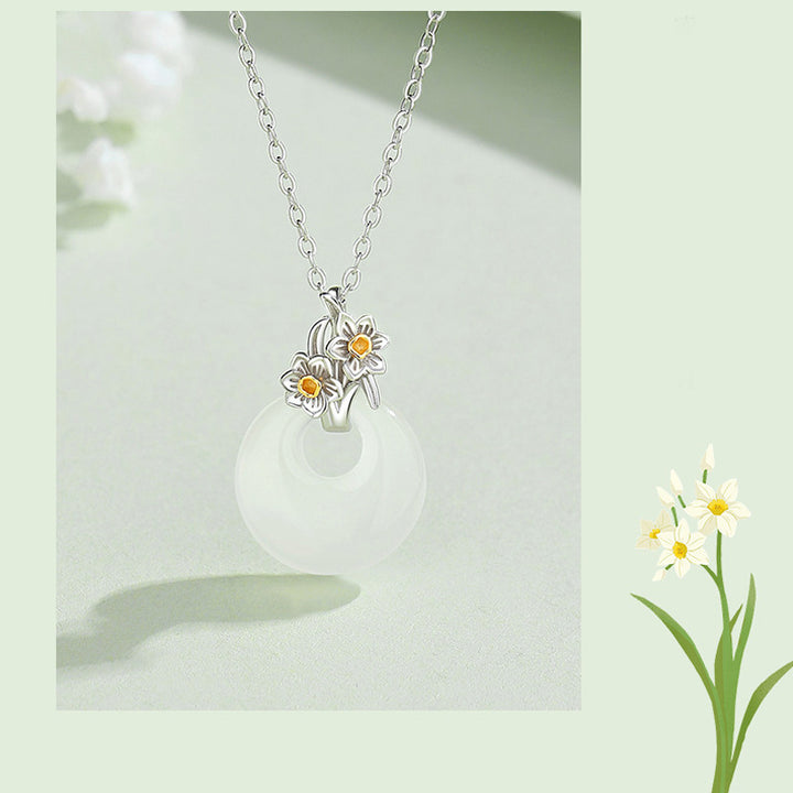 Collana con Buddha Stones in argento sterling 925, ciondolo rotondo in calcedonio con fiori di dodici mesi, armonia