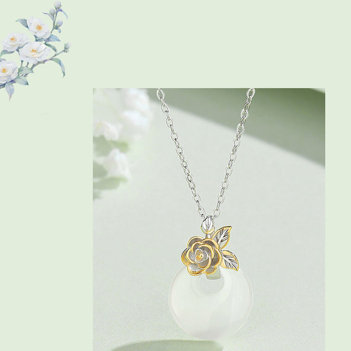 Collana con Buddha Stones in argento sterling 925, ciondolo rotondo in calcedonio con fiori di dodici mesi, armonia