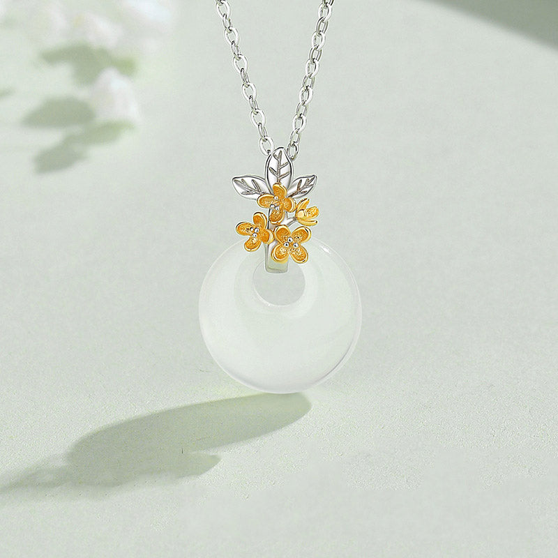 Collana con Buddha Stones in argento sterling 925, ciondolo rotondo in calcedonio con fiori di dodici mesi, armonia