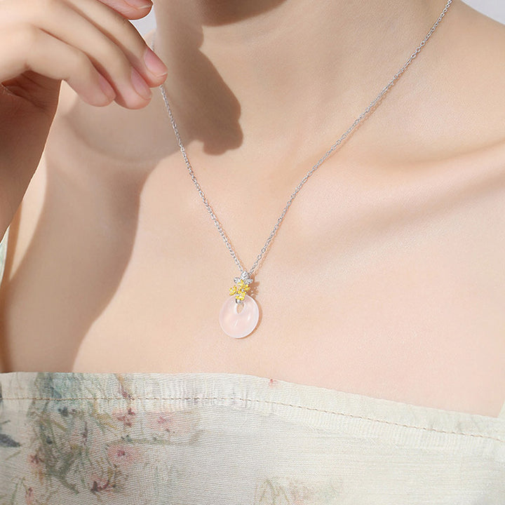 Collana con Buddha Stones in argento sterling 925, ciondolo rotondo in calcedonio con fiori di dodici mesi, armonia