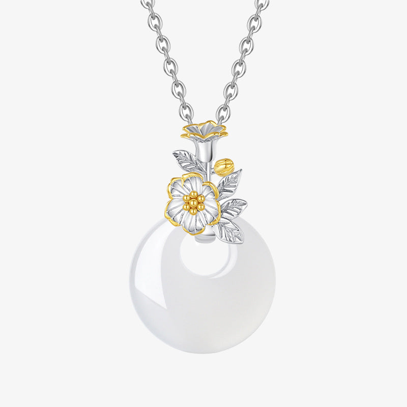 Collana con Buddha Stones in argento sterling 925, ciondolo rotondo in calcedonio con fiori di dodici mesi, armonia