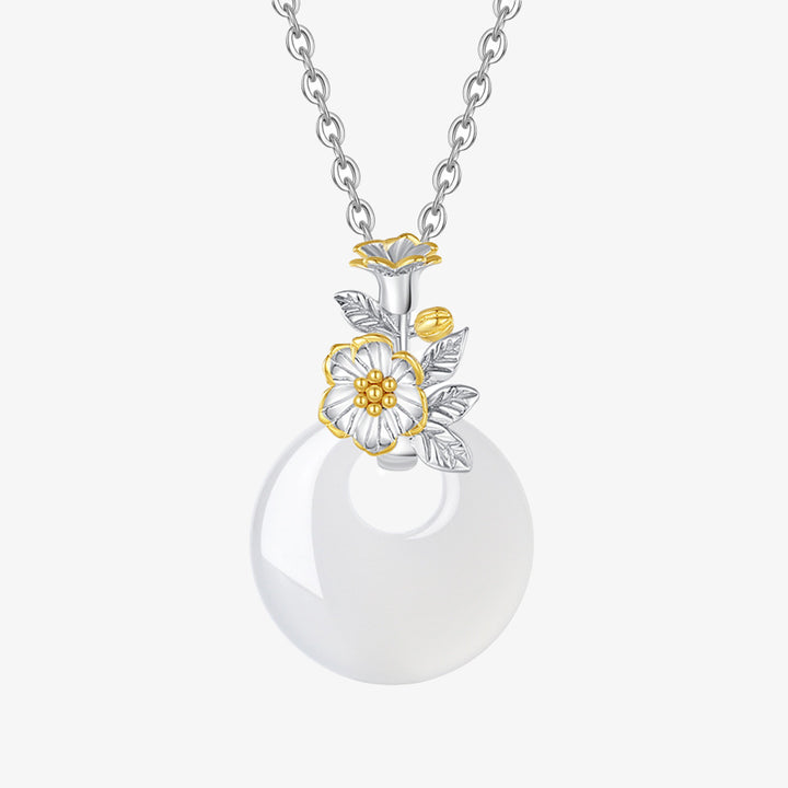Collana con Buddha Stones in argento sterling 925, ciondolo rotondo in calcedonio con fiori di dodici mesi, armonia