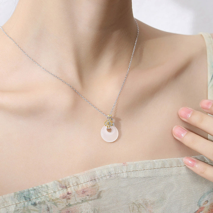 Collana con Buddha Stones in argento sterling 925, ciondolo rotondo in calcedonio con fiori di dodici mesi, armonia