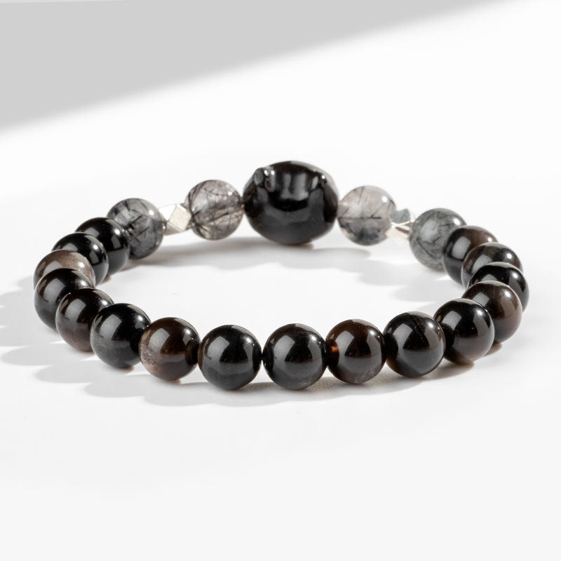 Braccialetto di protezione per la testa di gatto carino con ossidiana lucida in argento naturale Buddha Stones - image 4