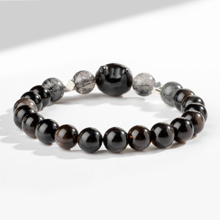 Braccialetto di protezione per la testa di gatto carino con ossidiana lucida in argento naturale Buddha Stones - image 4