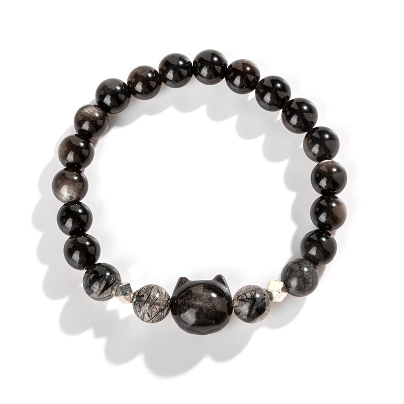 Braccialetto di protezione per la testa di gatto carino con ossidiana lucida in argento naturale Buddha Stones - image 6