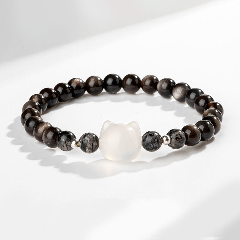 Braccialetto di protezione per la testa di gatto carino con ossidiana lucida in argento naturale Buddha Stones - Ossidiana argentata e agata bianca (circonferenza polso 14-15 cm) - image 7