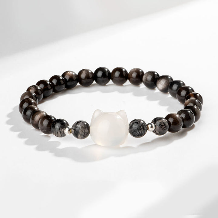 Braccialetto di protezione per la testa di gatto carino con ossidiana lucida in argento naturale Buddha Stones - Ossidiana argentata e agata bianca (circonferenza polso 14-15 cm) - image 7