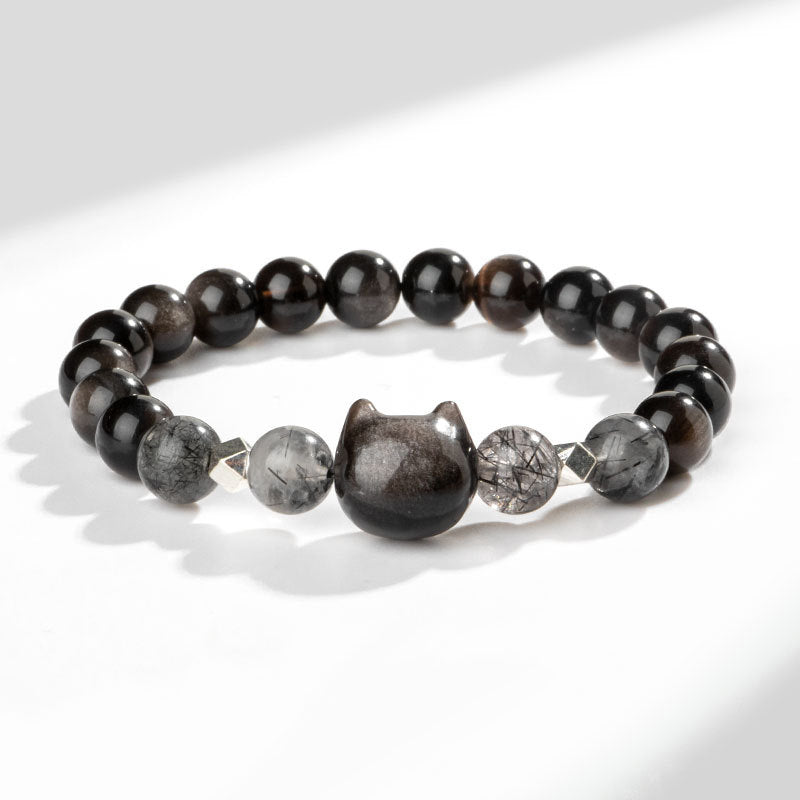 Braccialetto di protezione per la testa di gatto carino con ossidiana lucida in argento naturale Buddha Stones - Ossidiana argentata (circonferenza polso 14-15 cm) - image 1