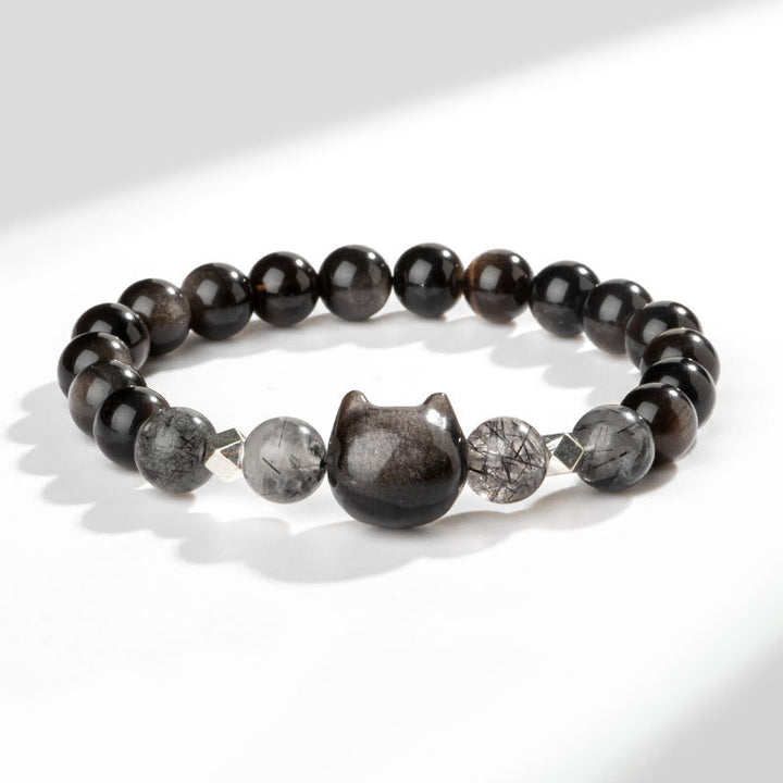 Braccialetto di protezione per la testa di gatto carino con ossidiana lucida in argento naturale Buddha Stones - Ossidiana argentata (circonferenza polso 14-15 cm) - image 1