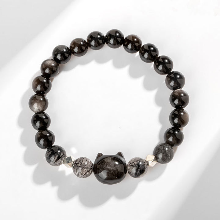 Braccialetto di protezione per la testa di gatto carino con ossidiana lucida in argento naturale Buddha Stones - image 3