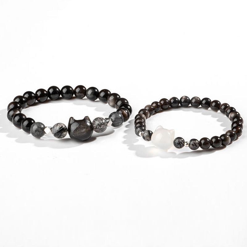 Braccialetto di protezione per la testa di gatto carino con ossidiana lucida in argento naturale Buddha Stones - image 9