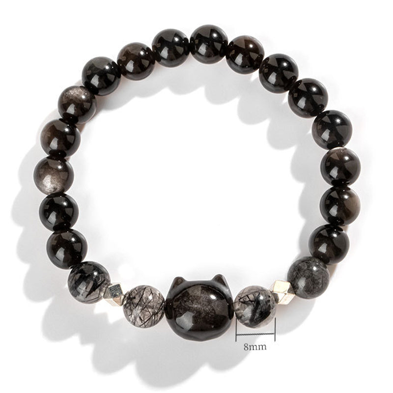 Braccialetto di protezione per la testa di gatto carino con ossidiana lucida in argento naturale Buddha Stones - image 5