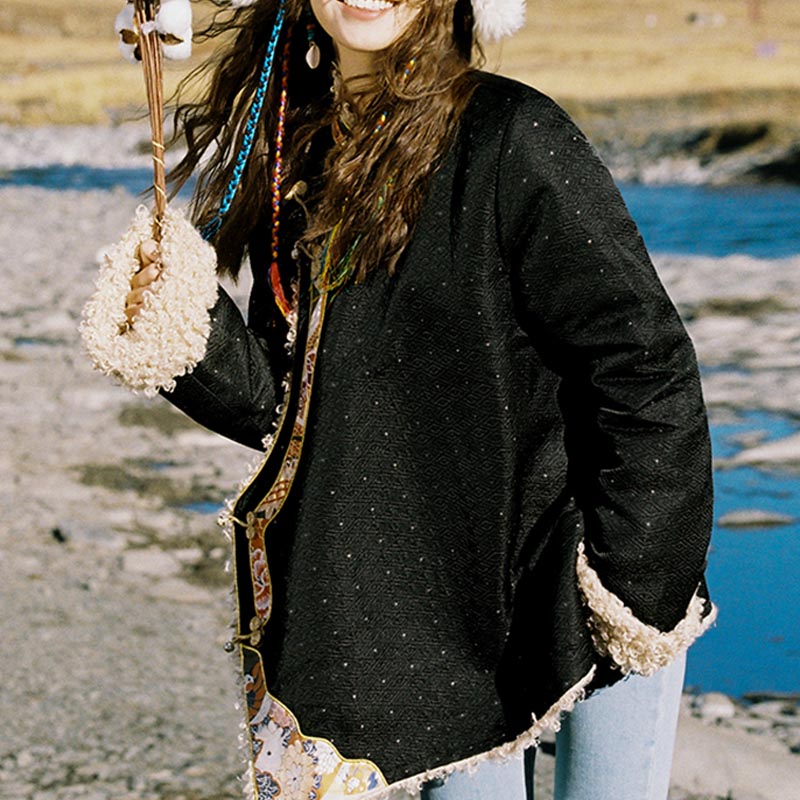 Buddha Stones Abbigliamento tibetano Lhasa Top foderato in pile Abbigliamento invernale da donna