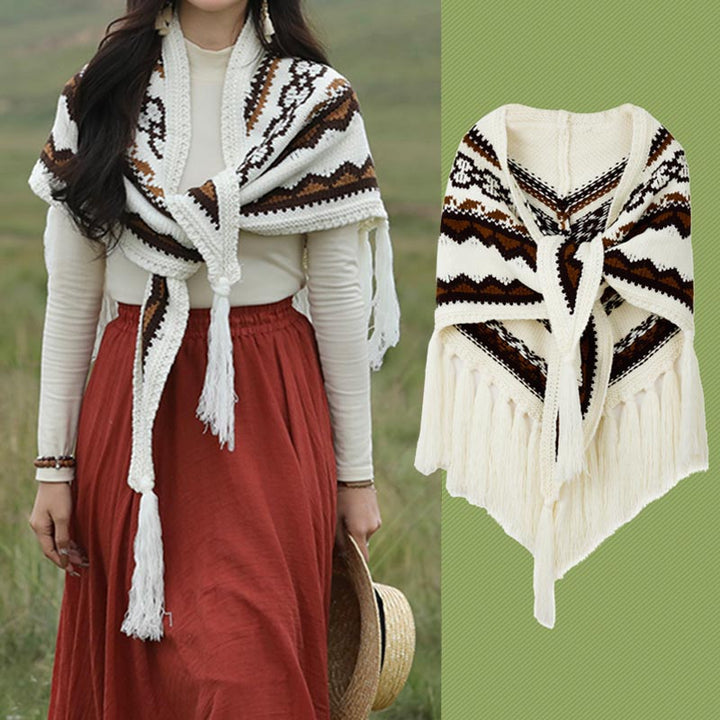 Scialle triangolare tibetano con Buddha Stones e nappe a righe, sciarpa da viaggio invernale e accogliente