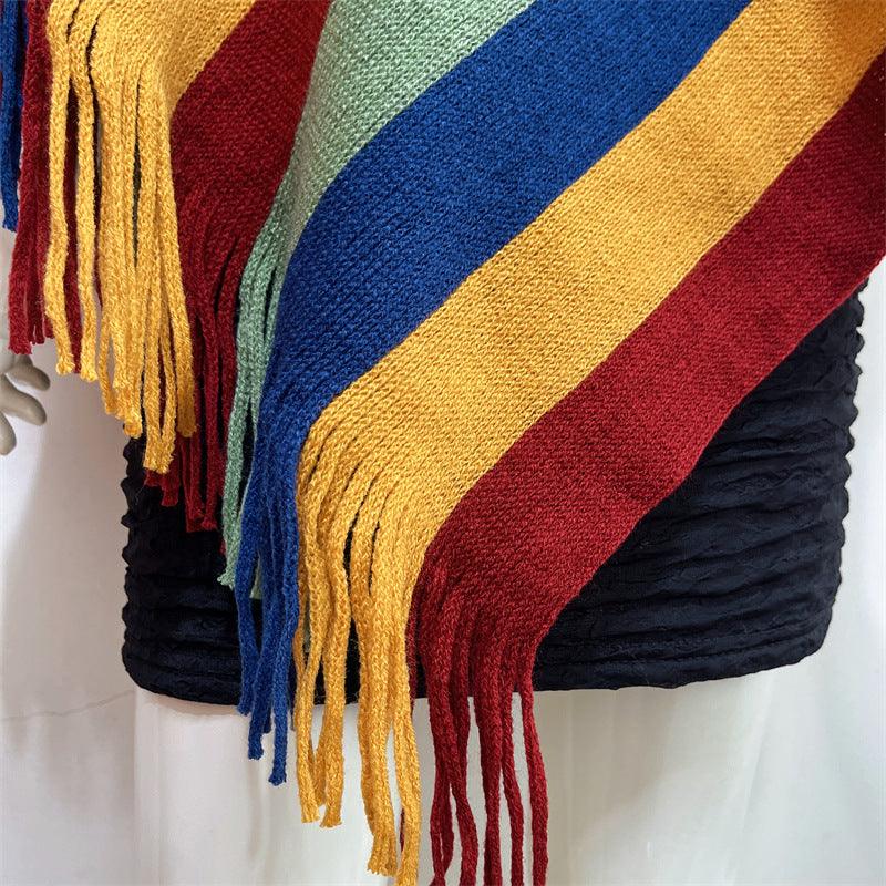 Scialle con nappe, pullover invernale, sciarpa da viaggio avvolgente, motivo a strisce colorate tibetane , Buddha Stones