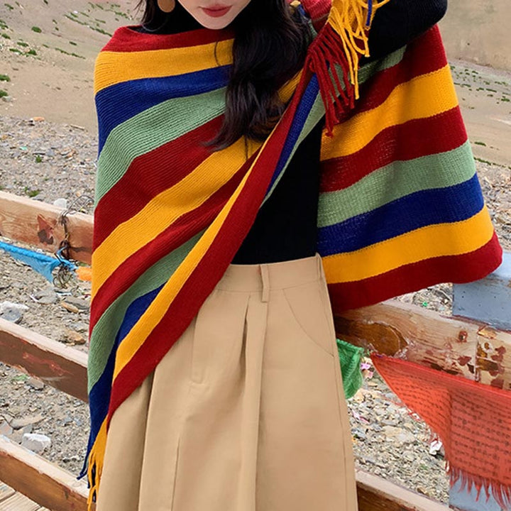 Scialle con nappe, pullover invernale, sciarpa da viaggio avvolgente, motivo a strisce colorate tibetane , Buddha Stones