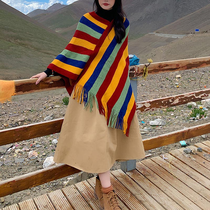 Scialle con nappe, pullover invernale, sciarpa da viaggio avvolgente, motivo a strisce colorate tibetane , Buddha Stones
