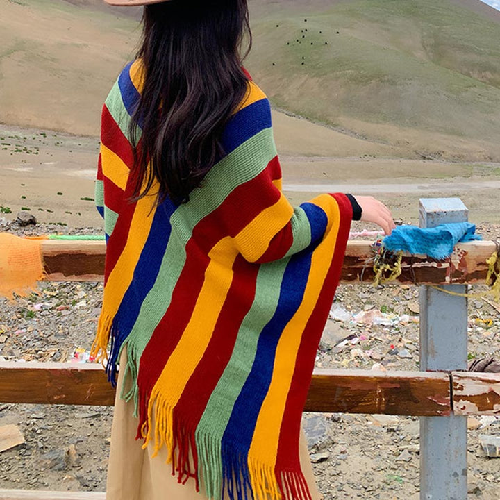 Scialle con nappe, pullover invernale, sciarpa da viaggio avvolgente, motivo a strisce colorate tibetane , Buddha Stones