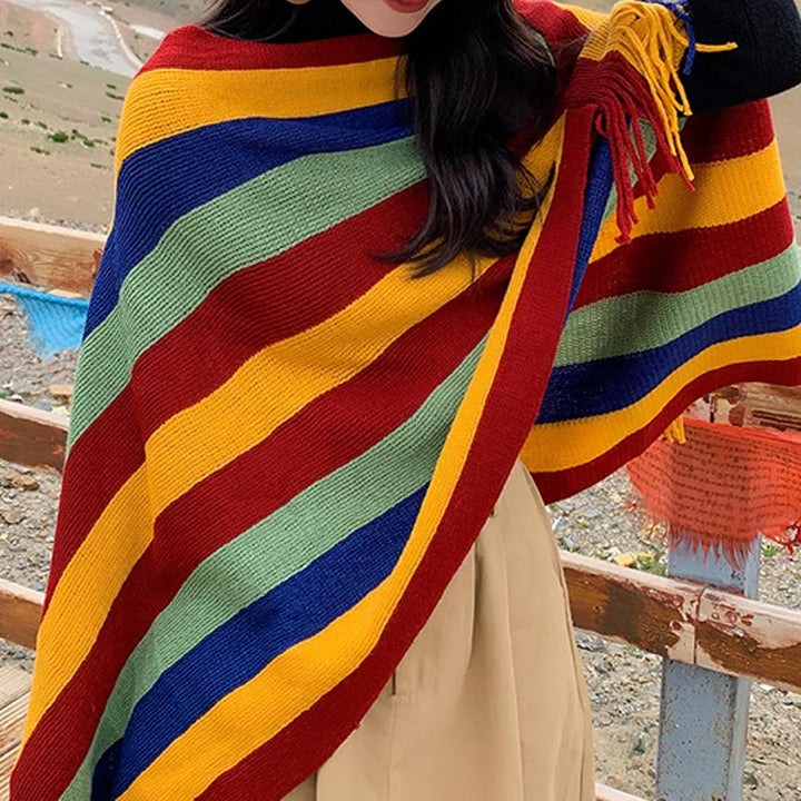 Scialle con nappe, pullover invernale, sciarpa da viaggio avvolgente, motivo a strisce colorate tibetane , Buddha Stones - image 1