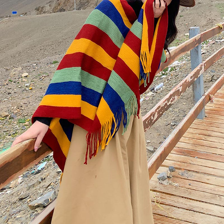Scialle con nappe, pullover invernale, sciarpa da viaggio avvolgente, motivo a strisce colorate tibetane , Buddha Stones