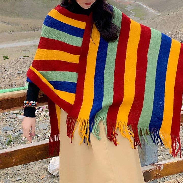 Scialle con nappe, pullover invernale, sciarpa da viaggio avvolgente, motivo a strisce colorate tibetane , Buddha Stones