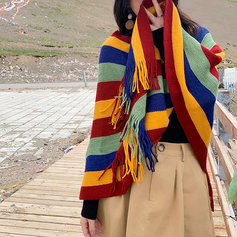Scialle con nappe, pullover invernale, sciarpa da viaggio avvolgente, motivo a strisce colorate tibetane , Buddha Stones