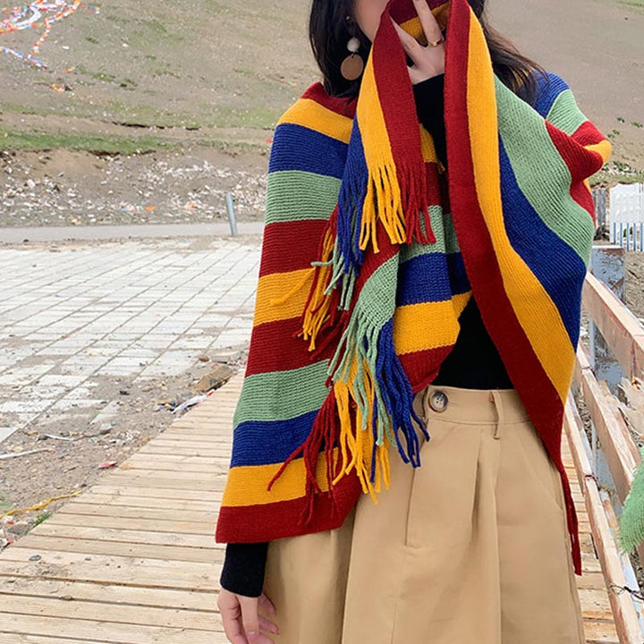Scialle con nappe, pullover invernale, sciarpa da viaggio avvolgente, motivo a strisce colorate tibetane , Buddha Stones