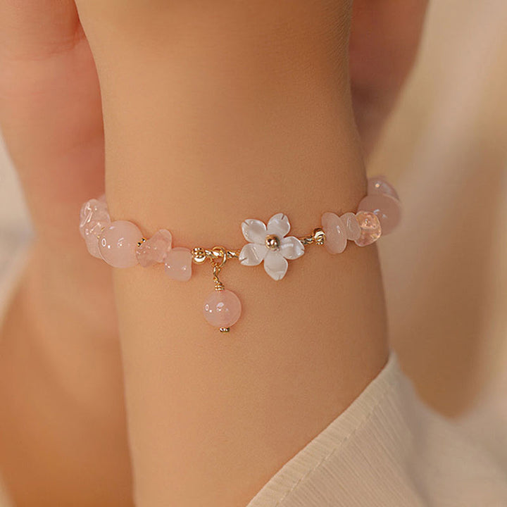 Bracciale Buddha Stones placcato oro 14k con fiore di cristallo rosa naturale - image 4
