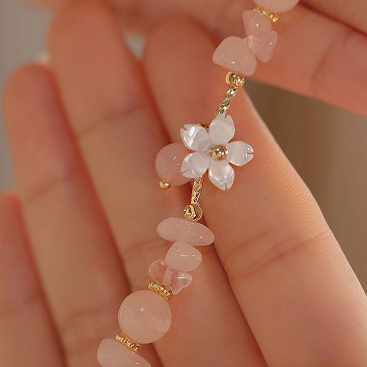 Bracciale Buddha Stones placcato oro 14k con fiore di cristallo rosa naturale