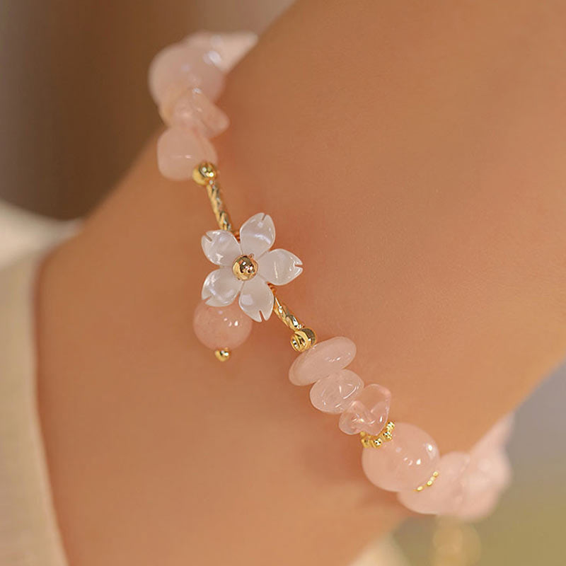 Bracciale Buddha Stones placcato oro 14k con fiore di cristallo rosa naturale - Cristallo rosa (calore rilassante) (circonferenza del polso 15-17 cm) - image 0
