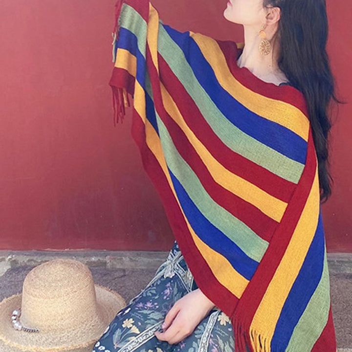 Scialle con nappe, pullover invernale, sciarpa da viaggio avvolgente, motivo a strisce colorate tibetane , Buddha Stones - image 12