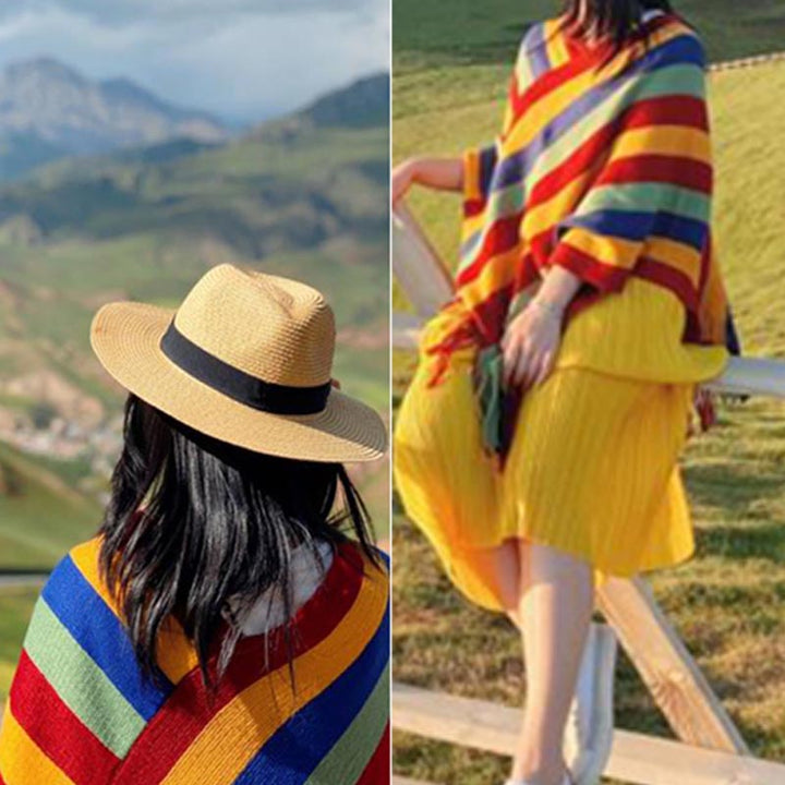 Scialle con nappe, pullover invernale, sciarpa da viaggio avvolgente, motivo a strisce colorate tibetane , Buddha Stones