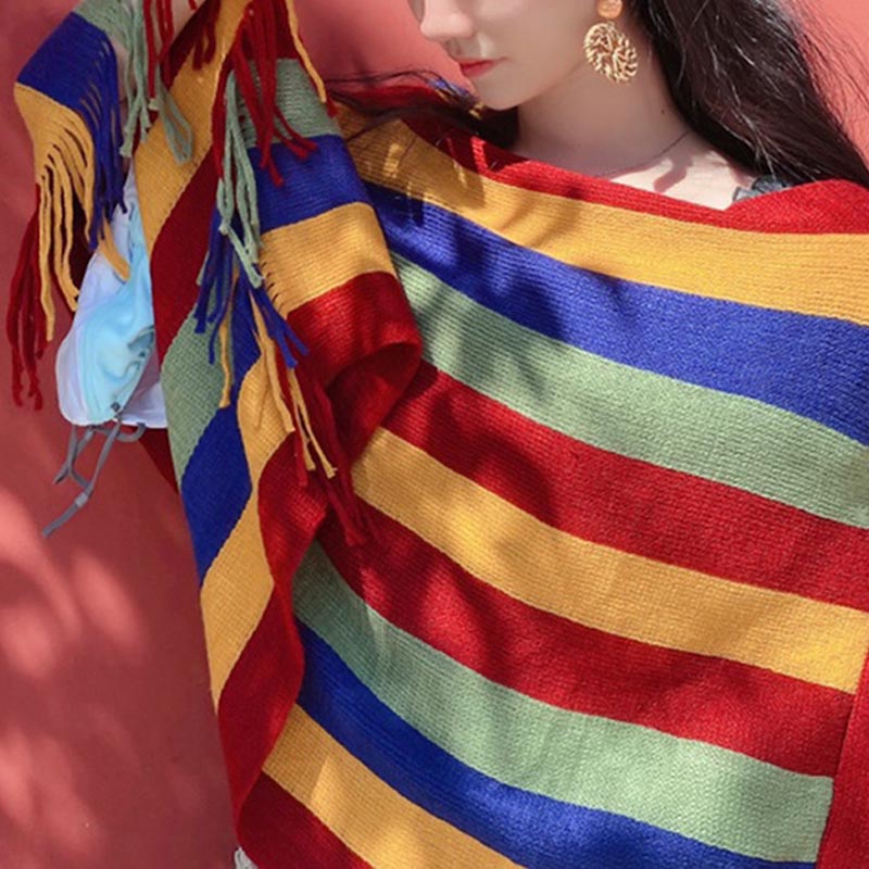 Scialle con nappe, pullover invernale, sciarpa da viaggio avvolgente, motivo a strisce colorate tibetane , Buddha Stones - image 7