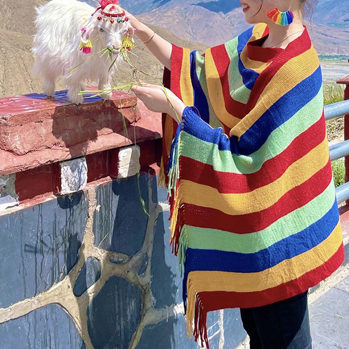 Scialle con nappe, pullover invernale, sciarpa da viaggio avvolgente, motivo a strisce colorate tibetane , Buddha Stones