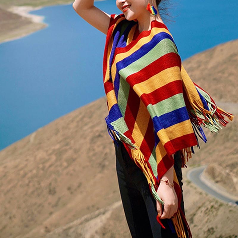 Scialle con nappe, pullover invernale, sciarpa da viaggio avvolgente, motivo a strisce colorate tibetane , Buddha Stones